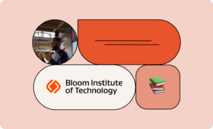 Illustration with person, books emoji, and Bloom Institute of Technology logo