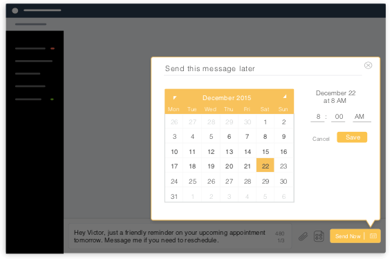 Webapp screen with message schedule for date and time