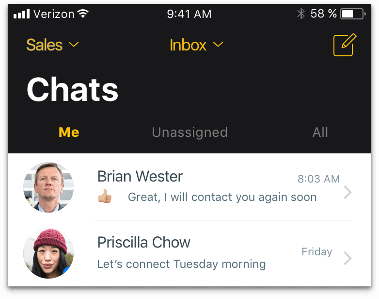 Heymarket chat window; black top of window with text in yellow and white; two chats from Brian Wester and Priscilla Chow