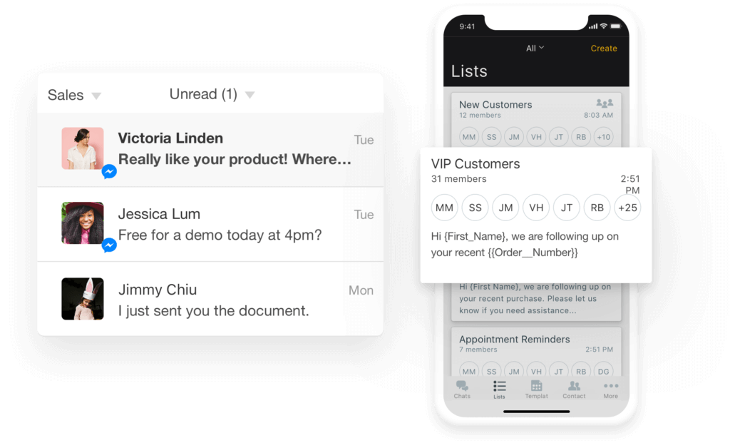 On left, Heymarket shared inbox with three messages; on right, agent view of SMS template about to be sent to VIP list