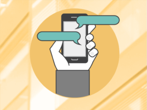 Illustration of hand holding up a grey phone with two blue, empty messaging bubbles overlaid on top