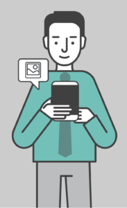 Illustration of man in blue shirt holding a phone and smiling at a picture