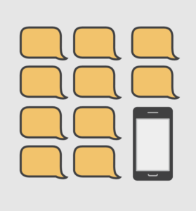 Four rows of illustrated yellow message bubbles; in the bottom right, a phone takes the place of two messaging bubbles