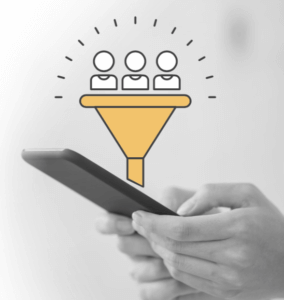 Photo of an agent's hands holding a phone overlaid with an illustration of a yellow funnel with three leads on top