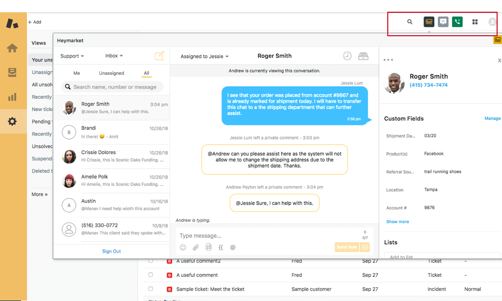 Heymarket widget in Zendesk