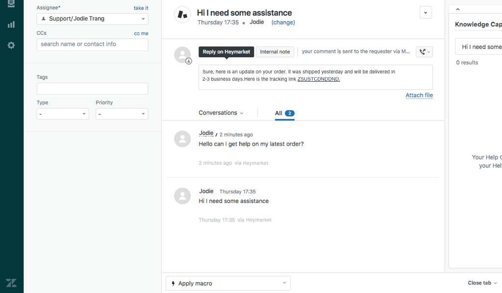 Zendesk channels with Heymarket business texting