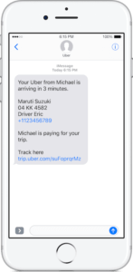 Uber text message to passenger.