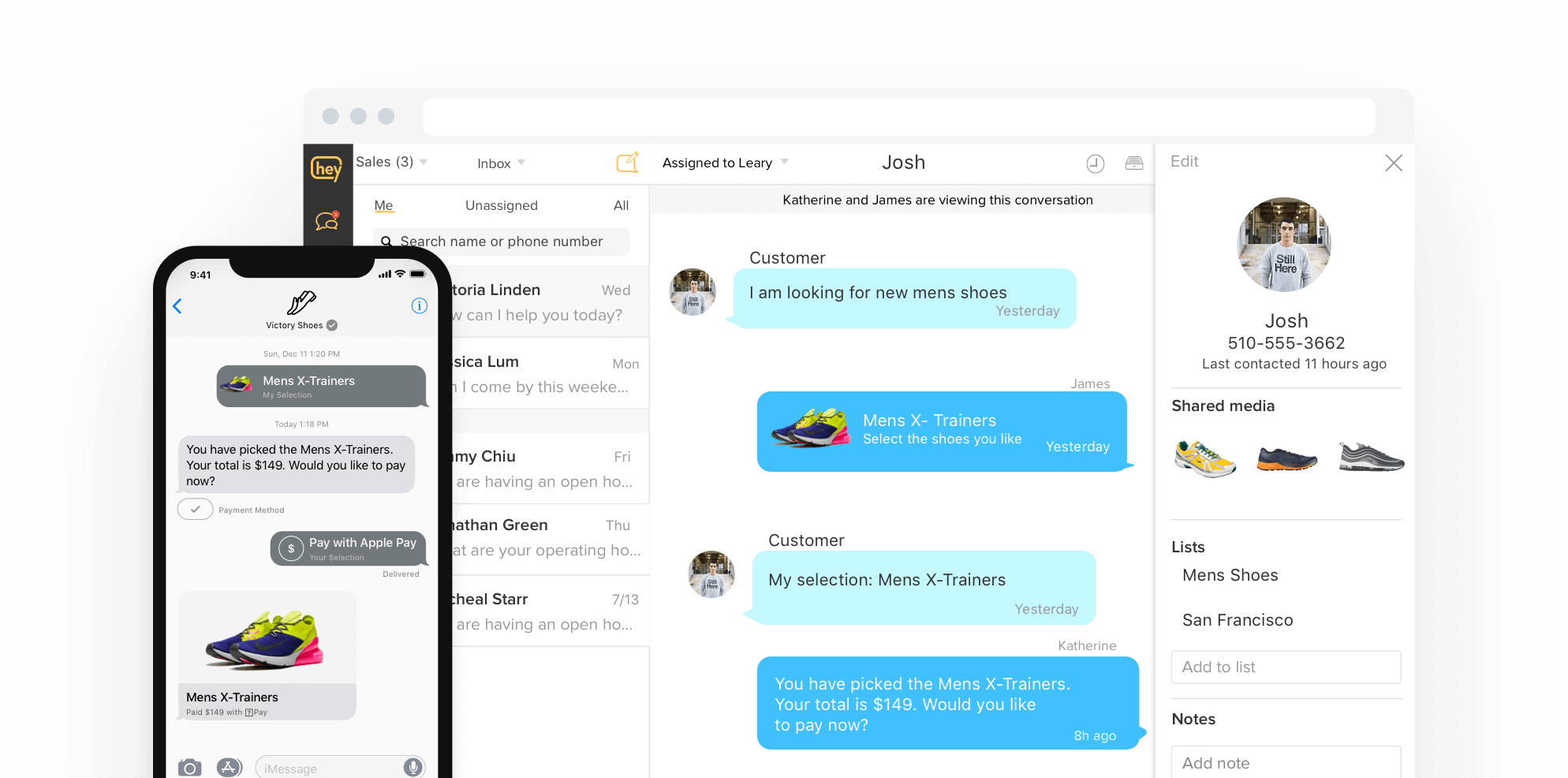 Heymarket interface from the customer's viewpoint on a phone and the enterprise SMS team viewpoint on a desktop app