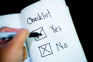 Checklist with 'yes' and 'no'.