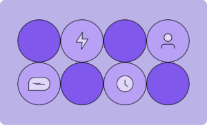 Illustration for streamlining internal operations with 8 purple circles with icon of flash, person, chat box and clock.