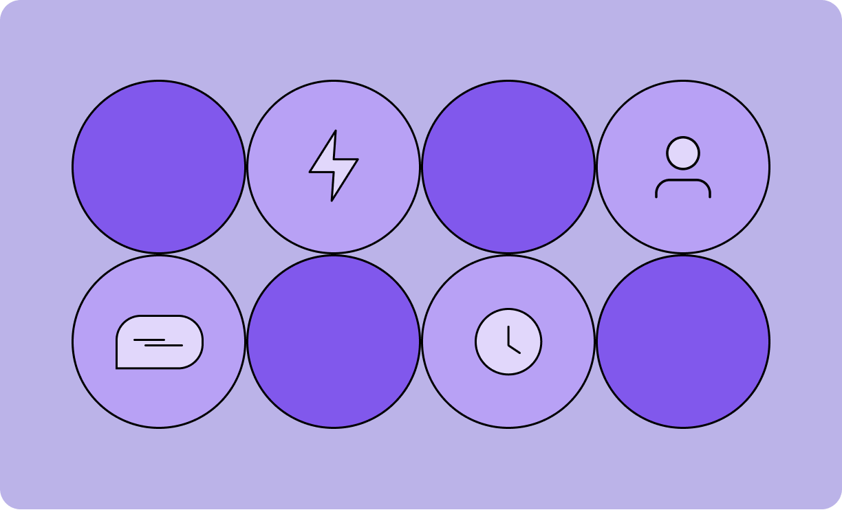 Illustration for streamlining internal operations with 8 purple circles with icon of flash, person, chat box and clock.