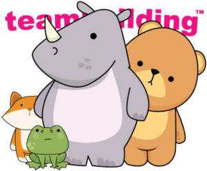 Logo; pink words saying 'teambuilding' in background, four round, illustrated animals (frog, fox, bear, rhino) in front