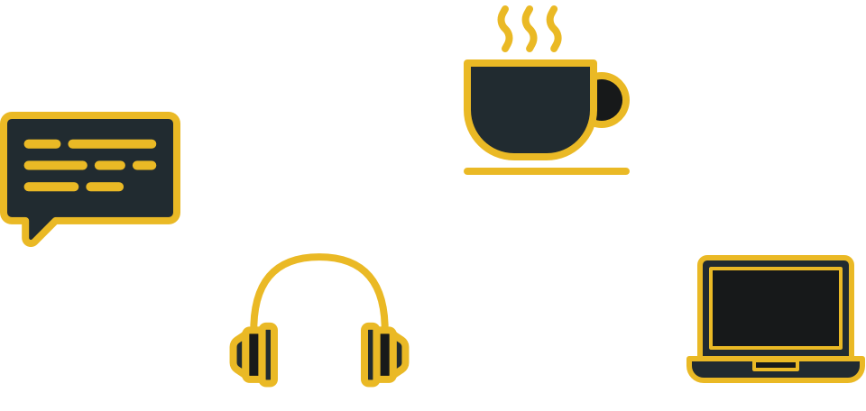 Icons of coffee, headphones, computer, and text messages