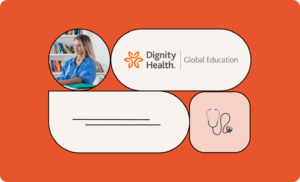 Illustration with nurse working on computer, stethoscope emoji, and Dignity Health logo