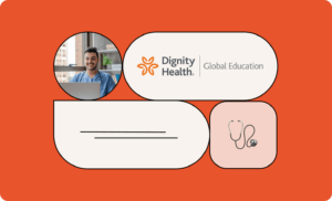 Illustration with nurse working on computer, stethoscope emoji, and Dignity Health logo