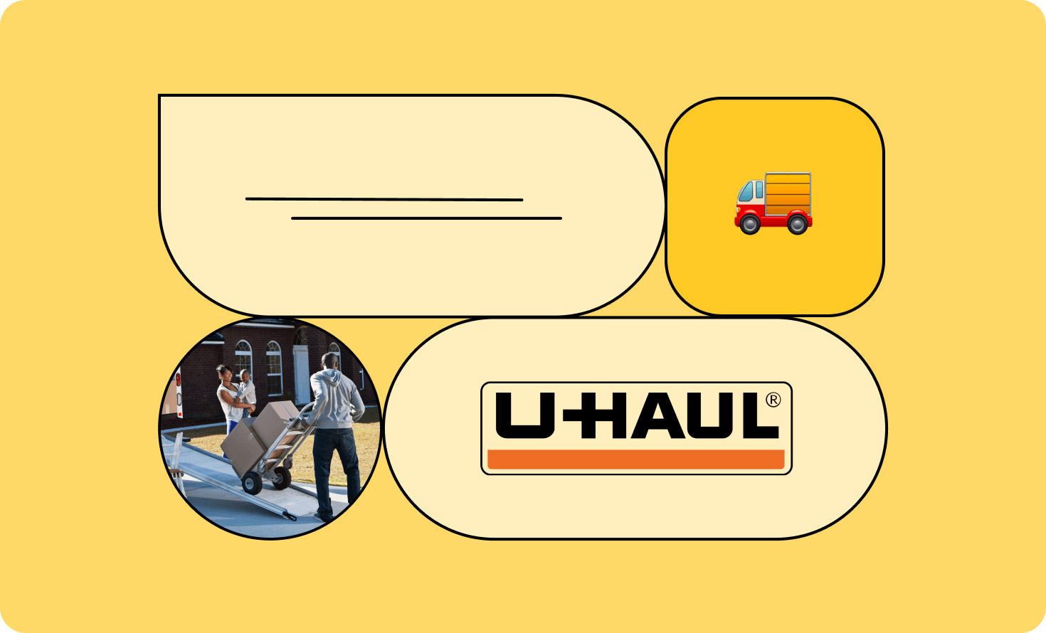 Illustration with person moving boxes, truck emoji, and U-HAUL logo