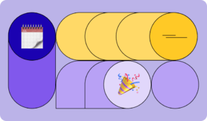 Graphic with a calendar and celebration emoji to illustrate New Years resolutions.