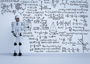 Robot standing next to wall of text implying machine learning in business text messaging