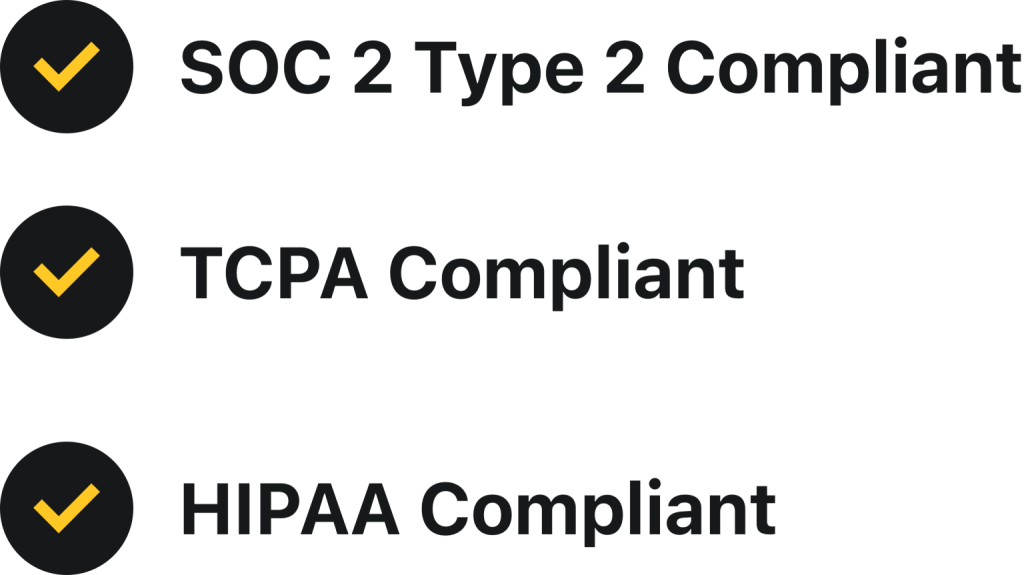 Checkboxes showing text message compliance: SOC 2 Type 2, TCPA and HIPAA compliant