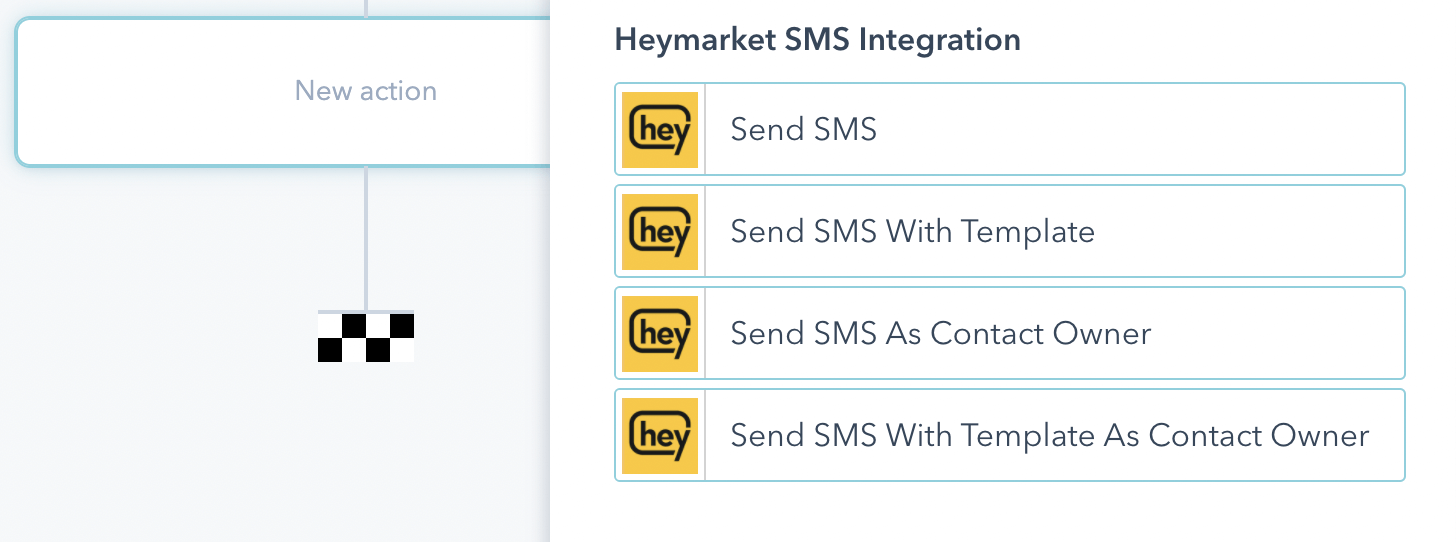 HubSpot SMS workflow showing adding an SMS template