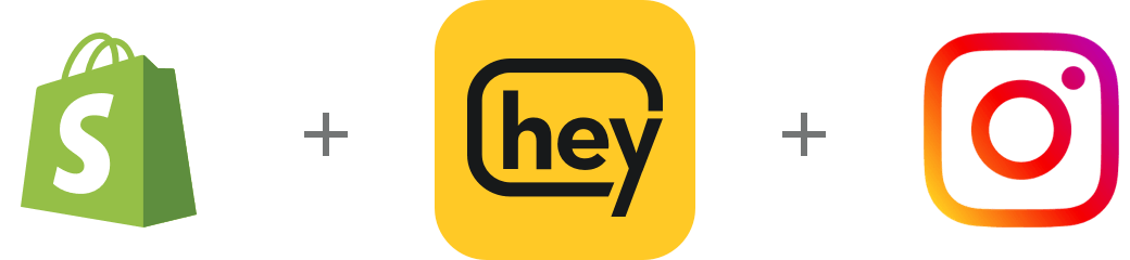 On left, Shopify logo (green bag); in center, Heymarket logo (yellow box and words 'hey'; on right, Instagram logo (camera)