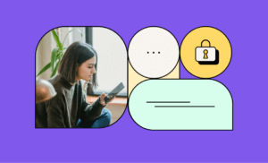 Illustration with a purple background featuring a lock icon, a chat bubble icon, and an image of a person looking at a mobile phone.