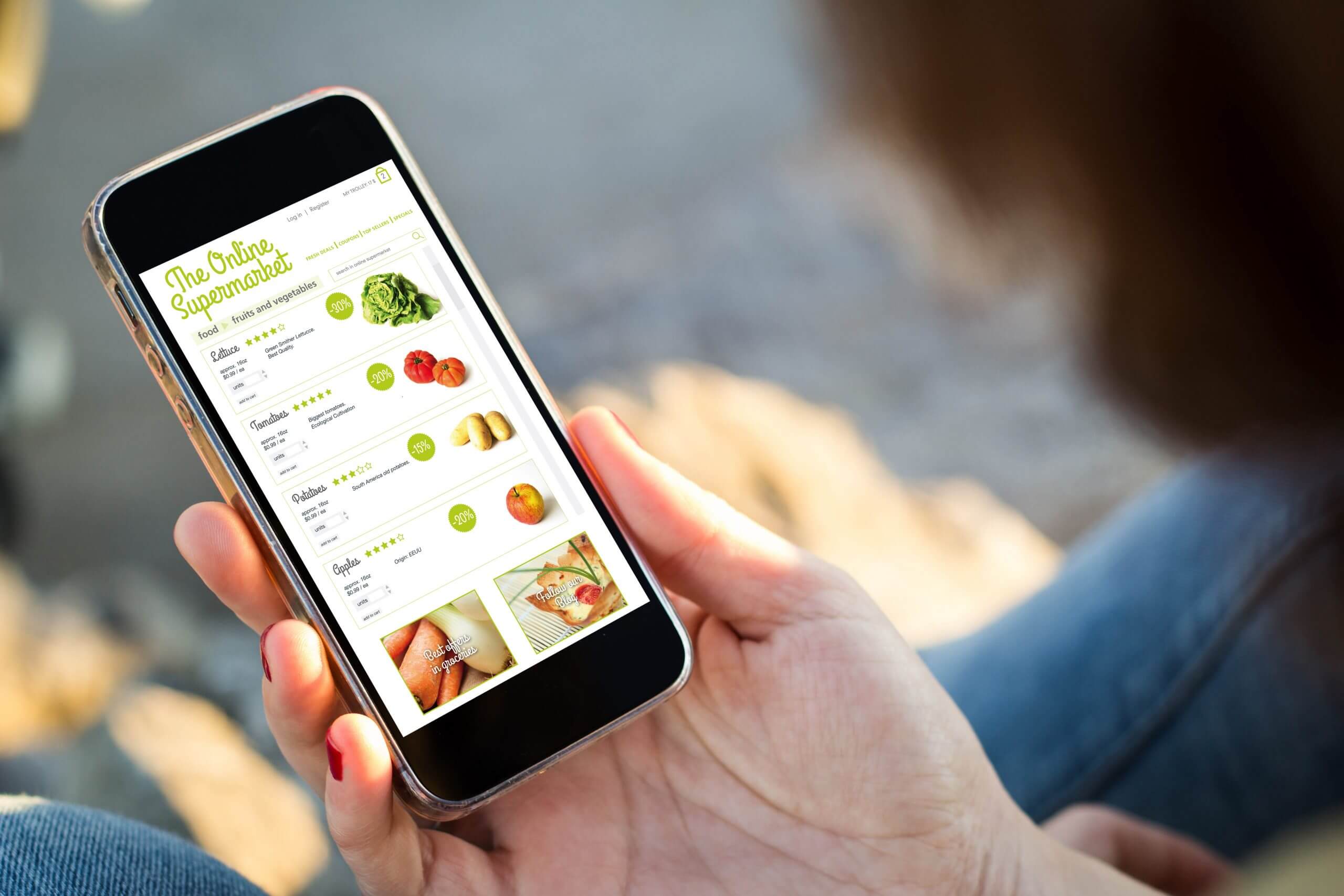 Woman shopping for groceries on smartphone