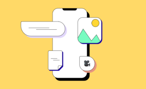 Illustration of mobile phone with MMS messages including photo, PDF document, and video
