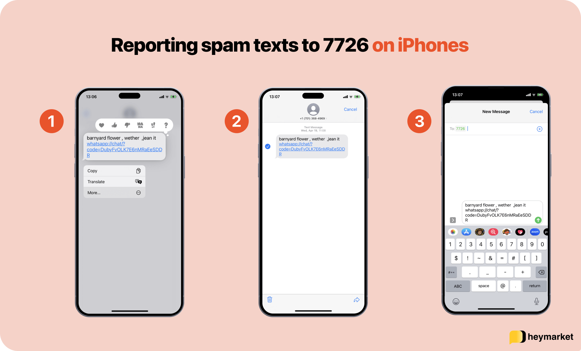 Steps for reporting a spam text to 7726 on iPhone
