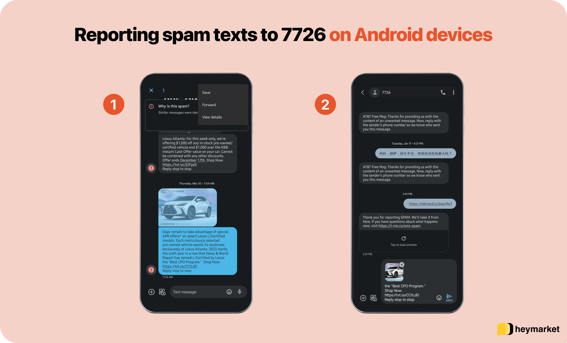 Steps for reporting a spam text to 7726 on Android phones
