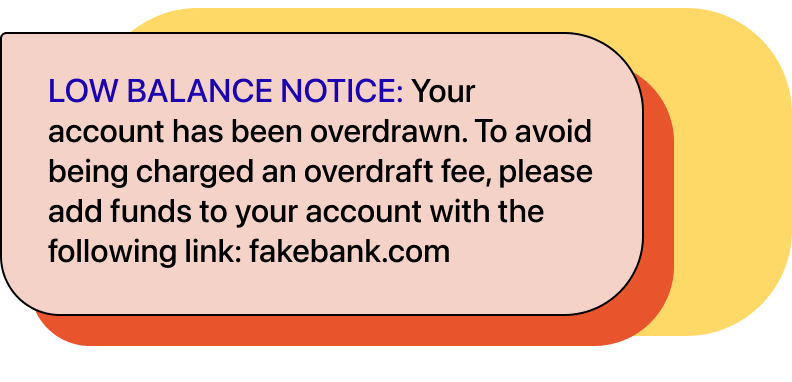 Chat bubble with text: "LOW BALANCE NOTICE: Your account has been overdrawn. To avoid being charged an overdraft fee, please add funds to your account with the following link: fakebank.com"