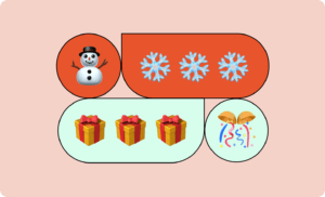 Illustration with a snowman, snowflakes, present boxes, and confetti emojis on light pink background portraying a holiday theme.