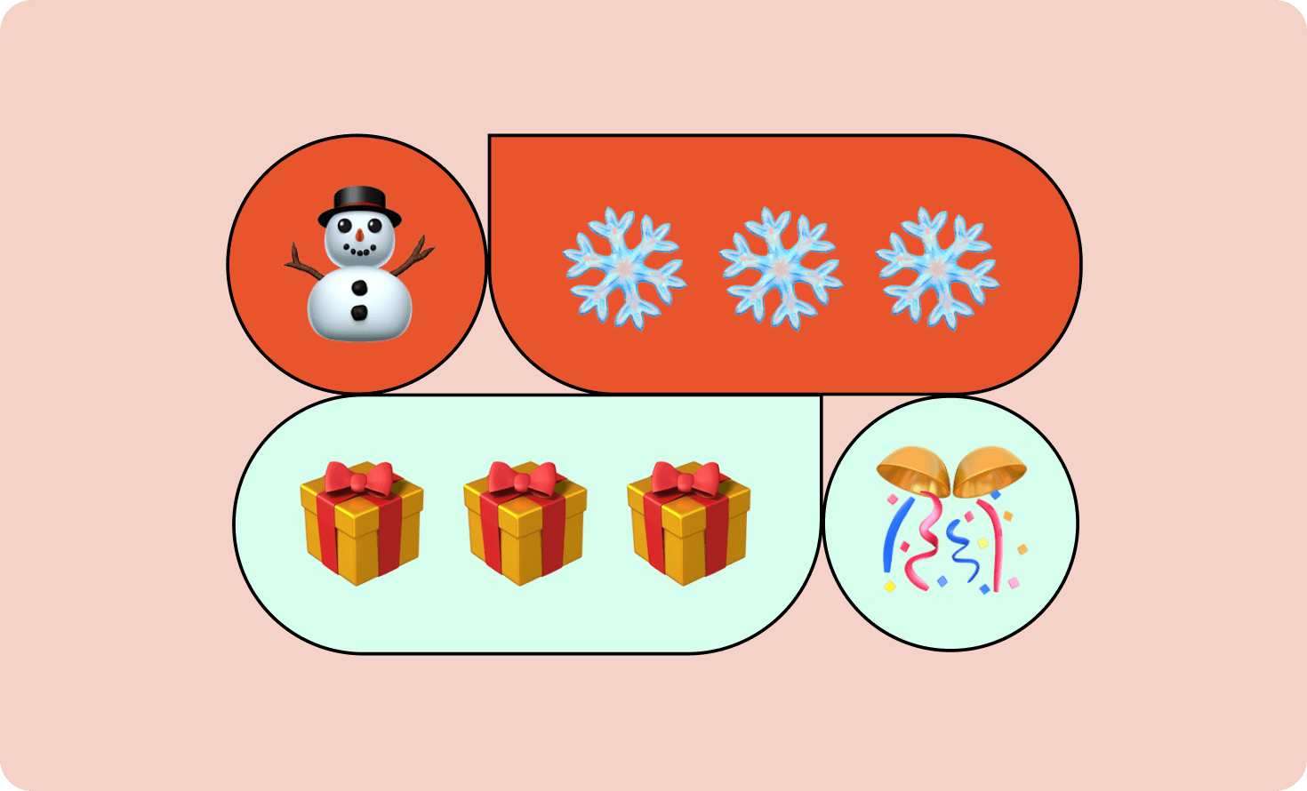 Illustration with a snowman, snowflakes, present boxes, and confetti emojis on light pink background portraying a holiday theme.