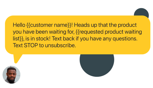 Sample business text message from company notifying a customer of product inventory and backorder