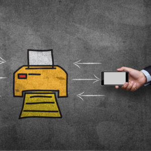 Illustration of a printer, a keyboard, and a mobile phone