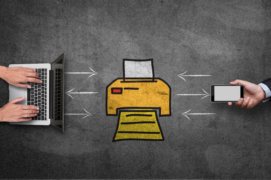 Illustration of a printer, a keyboard, and a mobile phone