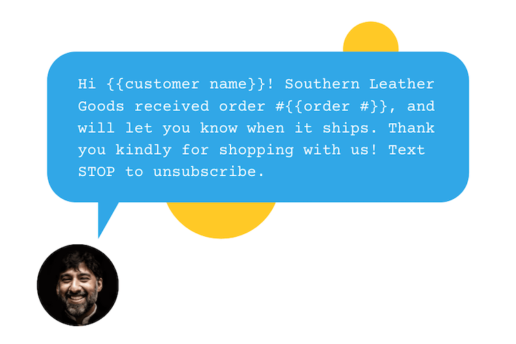 An example text message thanking a customer for their order.