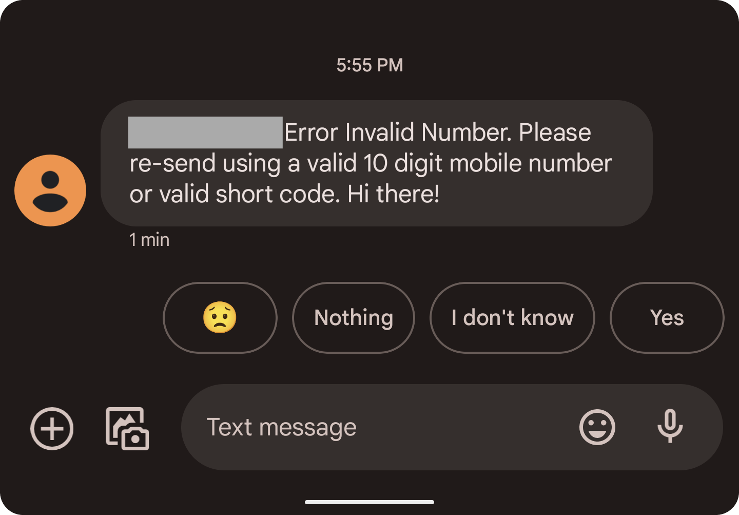 Android error message after texting a landline