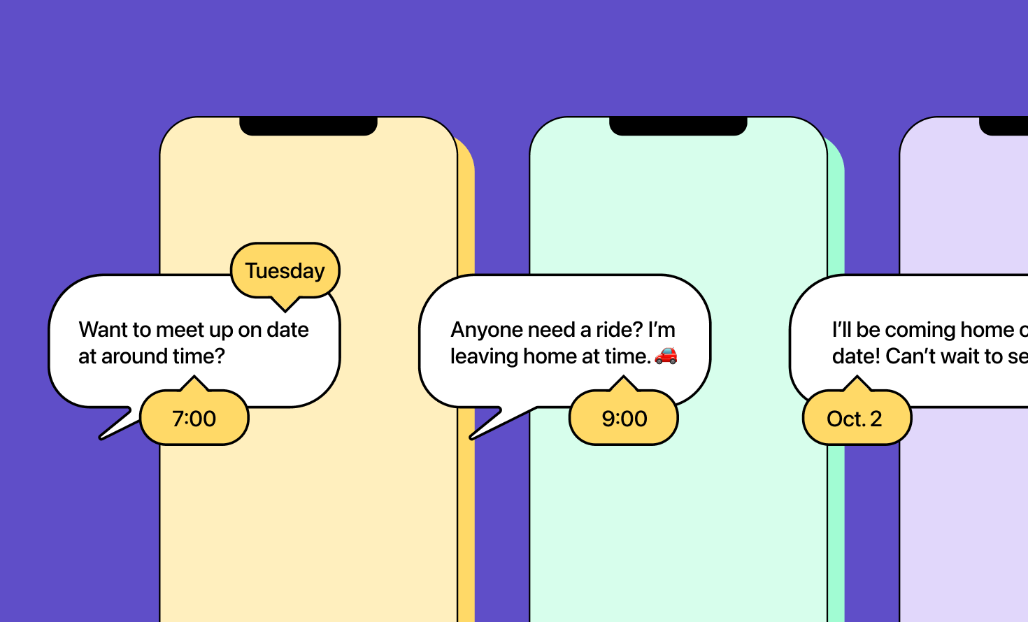 Text template illustration - three phone frames with chat bubbles