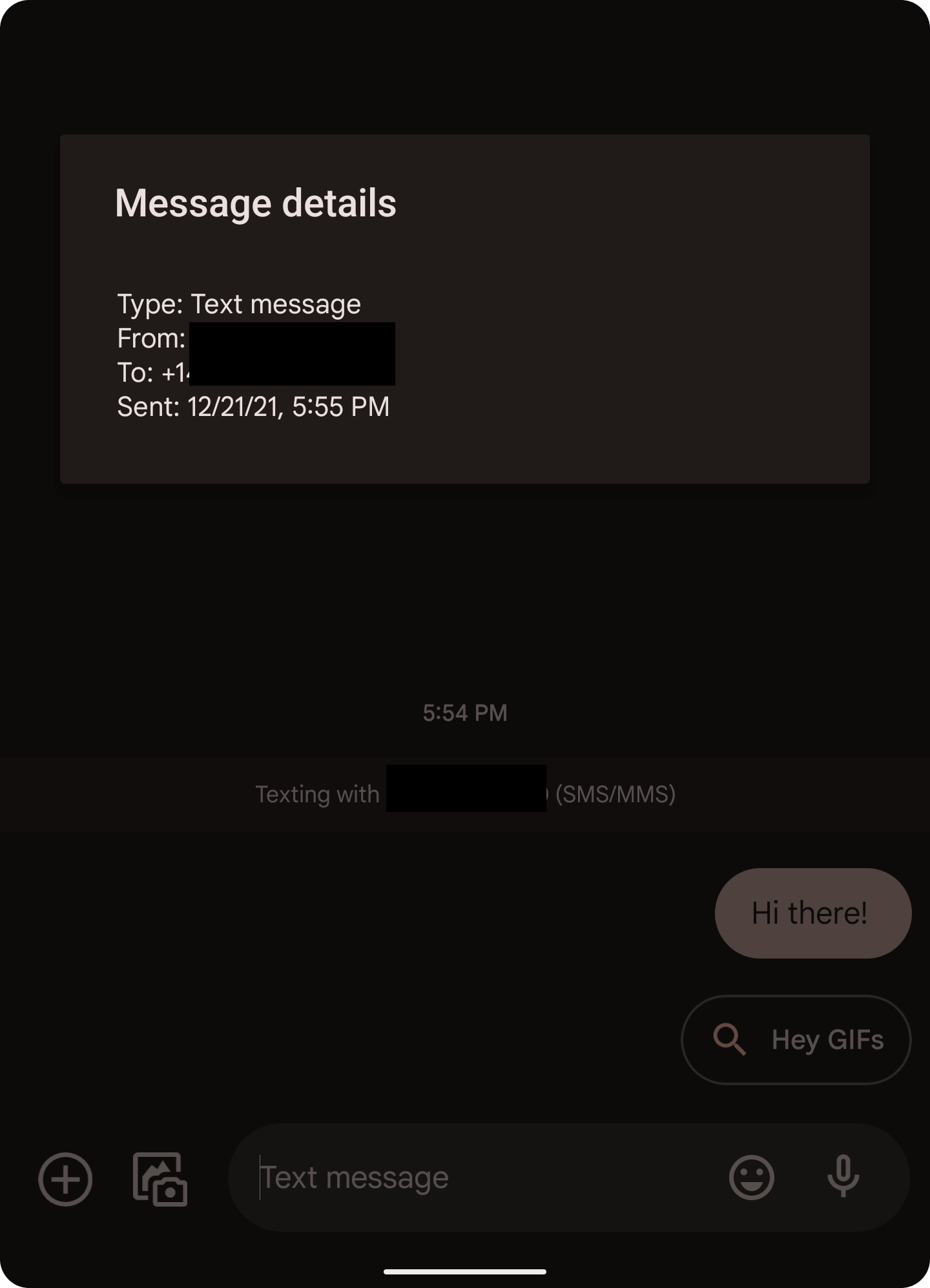 Android phone showing a message was sent