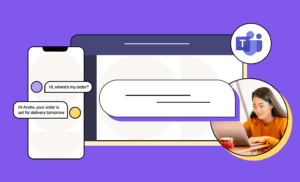 An illustration of phone with chat and MS Teams window with a young woman sending a text from her laptop using Microsoft Teams