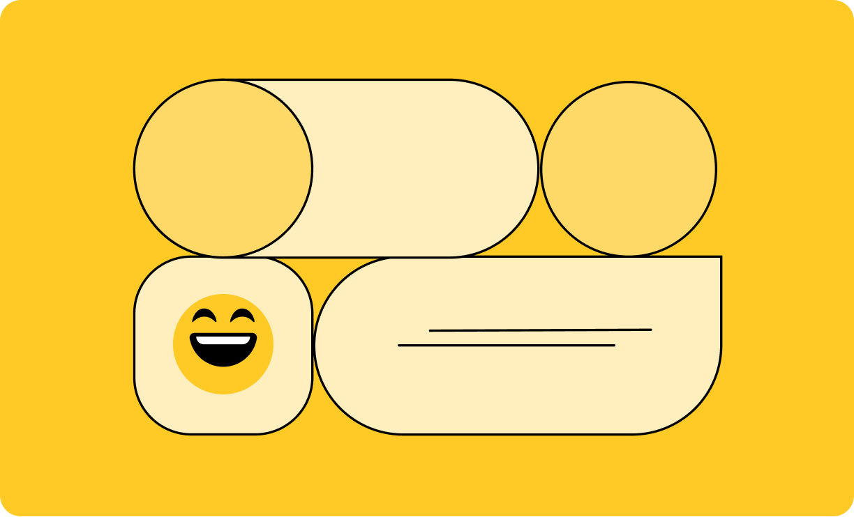 Illustration of conversational messaging with circle-shaped objects and smiley emoji.