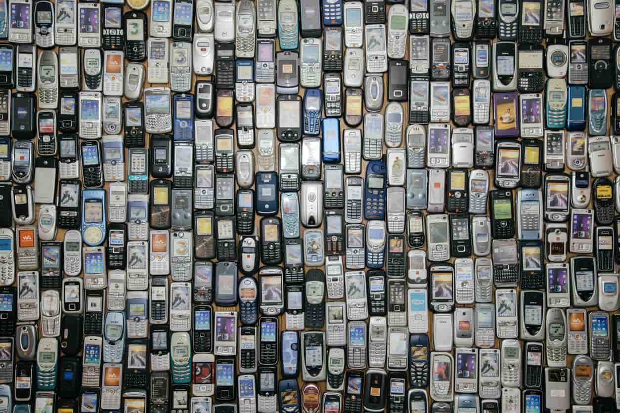 Wall of vintage cellphones