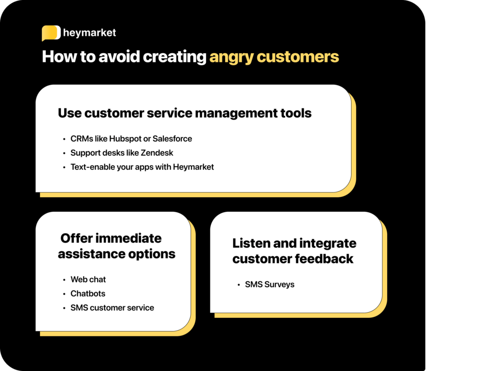 Black background with the text "How to avoid creating angry customers" and 3 bubbles with the following text: "Use customer service management tools", "Offer immediate assistance options", "Listen and integrate customer feedback".