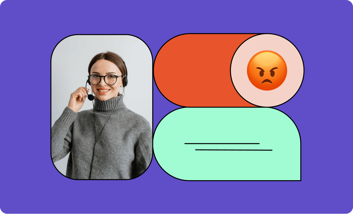 Illustration of customer support person on the left and angry face emoji on the right with chat bubble below