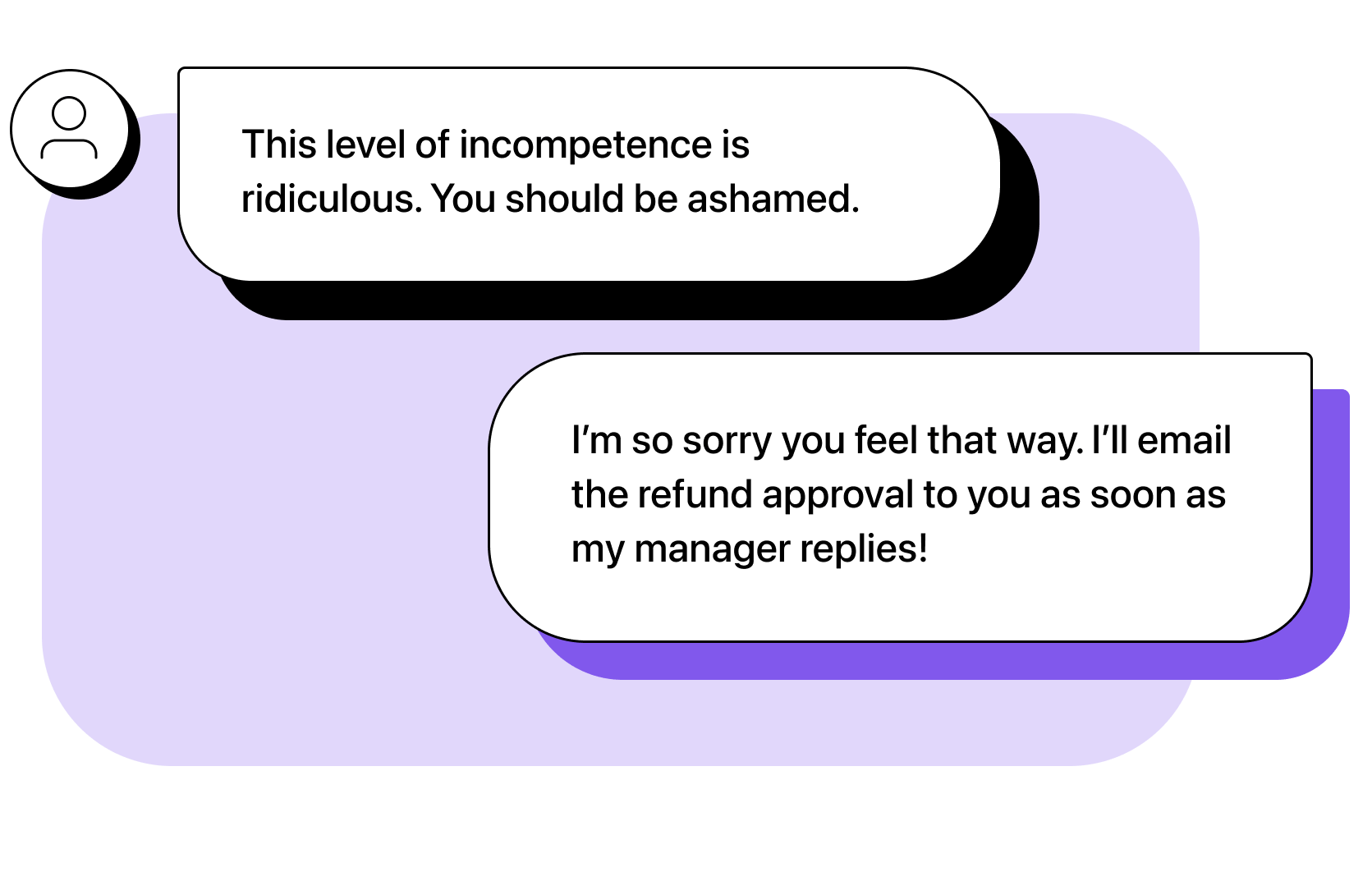 Customer: This level of incompetence is ridiculous. You should be ashamed. Agent: I’m so sorry you feel that way. I’ll email the refund approval to you as soon as my manager replies!