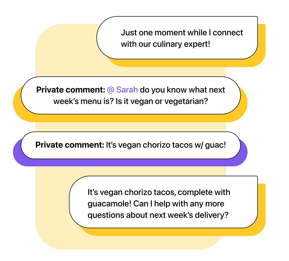 Agent #1: Just one moment while I connect with our culinary expert! Agent #1: Hey @ Sarah do you know what the menu is for next week’s delivery? Is it vegan or vegetarian? Agent #2: It’s vegan soy tacos with onions and guacamole! Agent #1: It’s vegan soy tacos, complete with onions and guacamole! Any more questions about next week’s delivery?