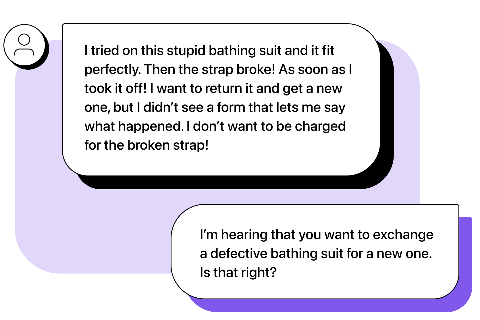 Customer: I tried on this stupid bathing suit and it fit perfectly. Then the strap broke! As soon as I took it off! I want to return it and get a new one, but I didn’t see a form that lets me say what happened. I don’t want to be charged for the broken strap! Agent: I’m hearing that you want to exchange a defective bathing suit for a new one. Is that right? 