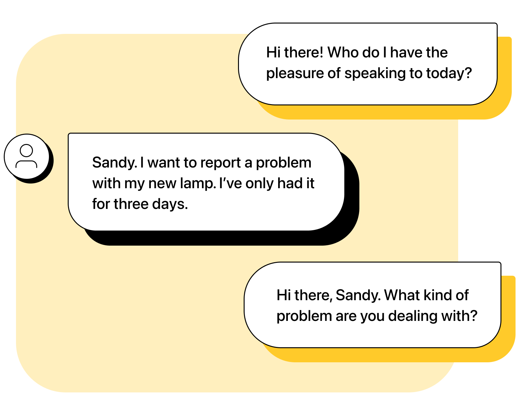 Agent: Hi there! Who do I have the pleasure of speaking to today? Customer: Sandy. I want to report a problem with my new lamp. I’ve only had it for three days. Agent: Hi there, Sandy. What kind of problem are we talking about?