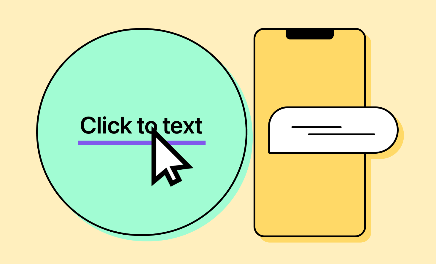 Illustration of a green circle with the text "Click to text" and a mobile phone frame to its right.